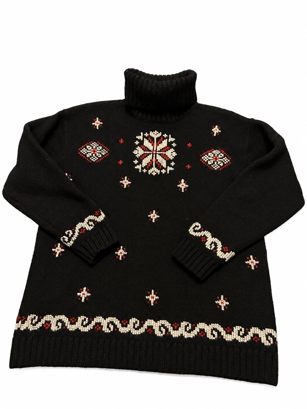 Vintage Black Wool Mohair Turtleneck Sweater Snowflake Nordic Women’s Artisanal